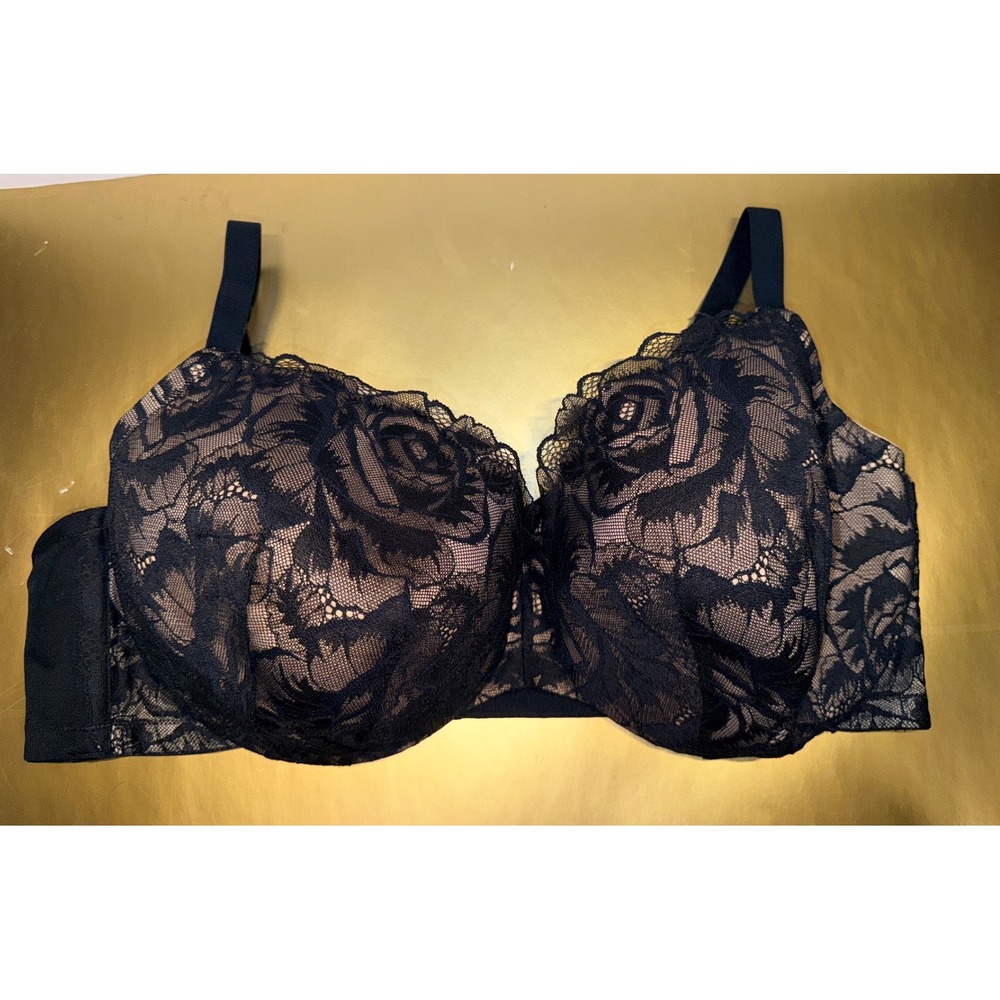 Cacique Smooth Balconette Bra 46DDD Black Floral Lace Underwire Lightly Lined